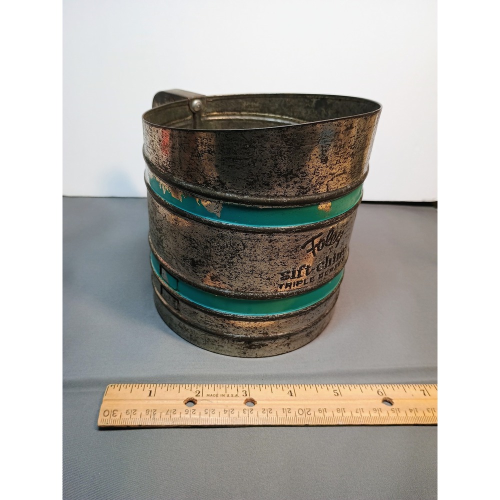 Vintage Foley Sift-Chine Triple Screen Flour Sifter‎ Aqua Metal Farmhouse Decor